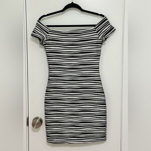 Brat Star Black & White Off-Shoulder Striped Bodycon Dress - Size S